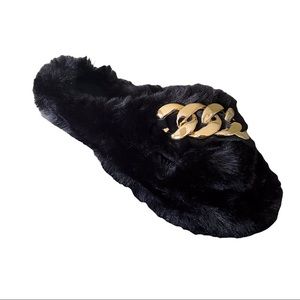 Black Gold Chain Fur Slippers Sz 7